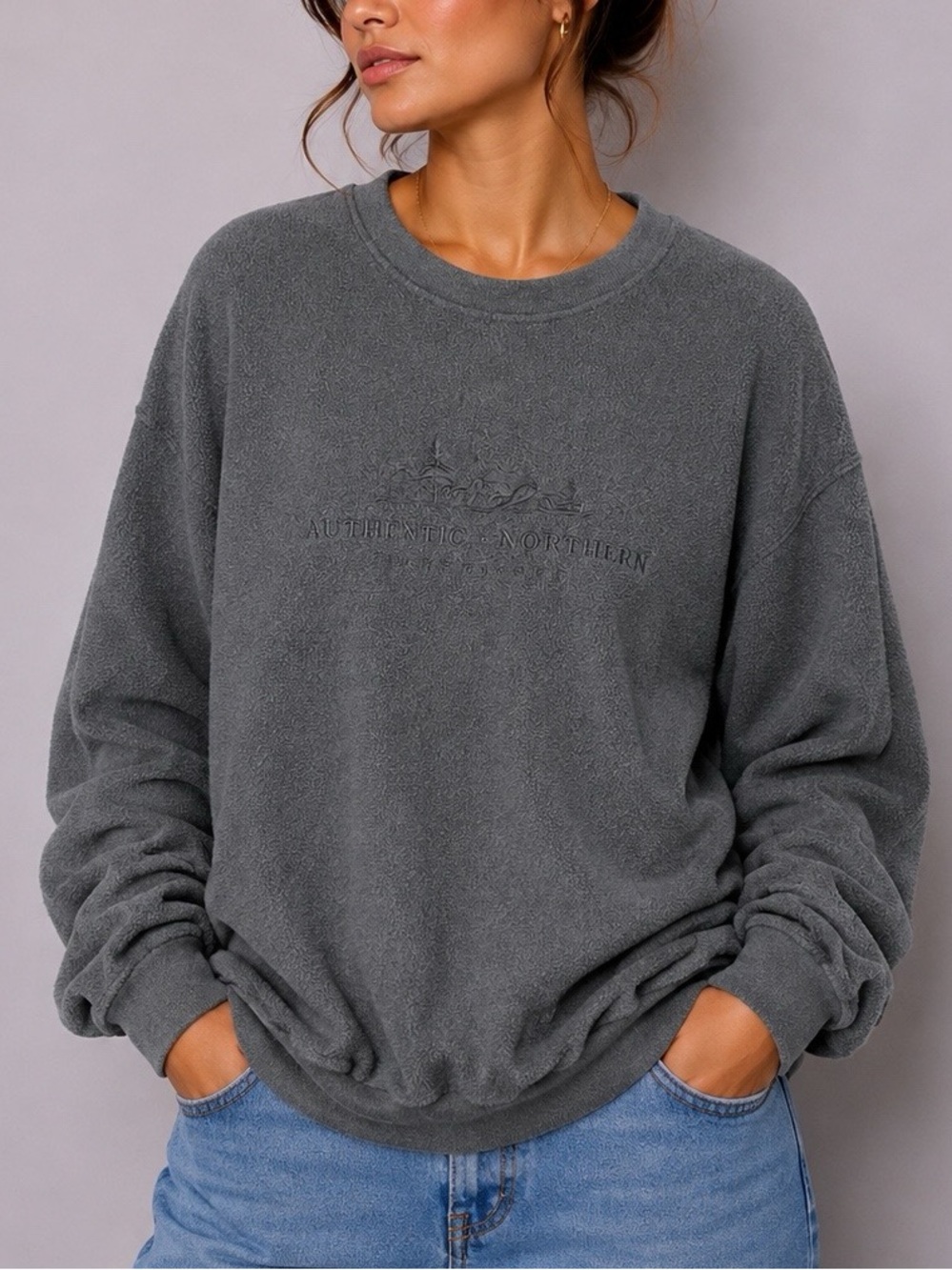 Vintage Fleece Sweater Northern Elements Gray Crewneck Sweater Oversized Cozy